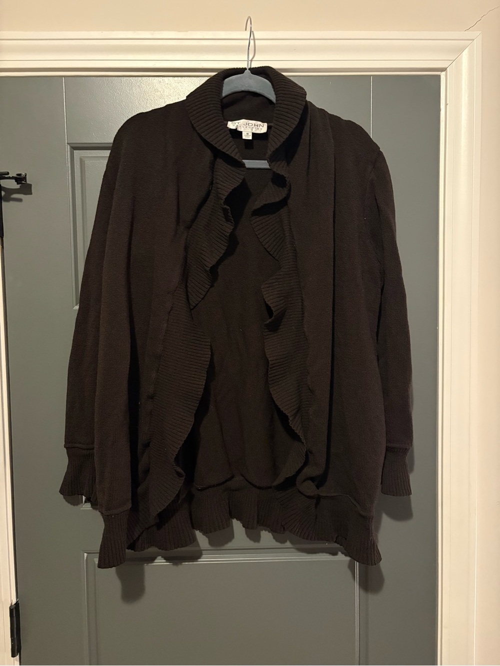 St. John Collection Brown Ruffle Open Front Knit Cardigan Size 16